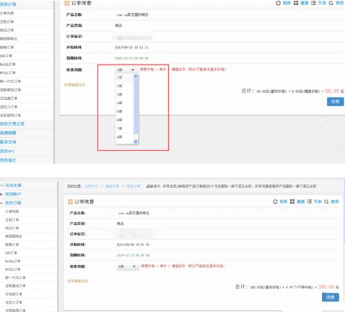 选择续费年限并进行支付